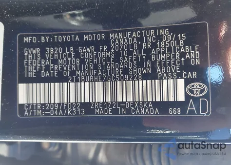 2016 Toyota Corolla S Plus из США, поврежденный, VIN 2T1BURHE7GC509228